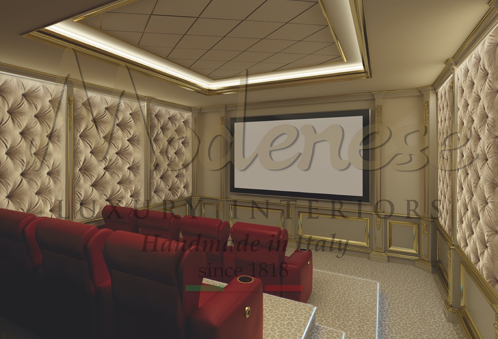 salle de cinéma domestique de luxe projet de villa espace de divertissement canapé fauteuil meubles sur mesure aménagement d'intérieur écran 3D HD système de sonorisation matériaux de qualité supérieure rembourrage